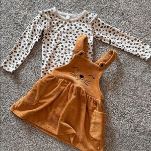 Leopard Print Top and Orange Corduroy Dress Set